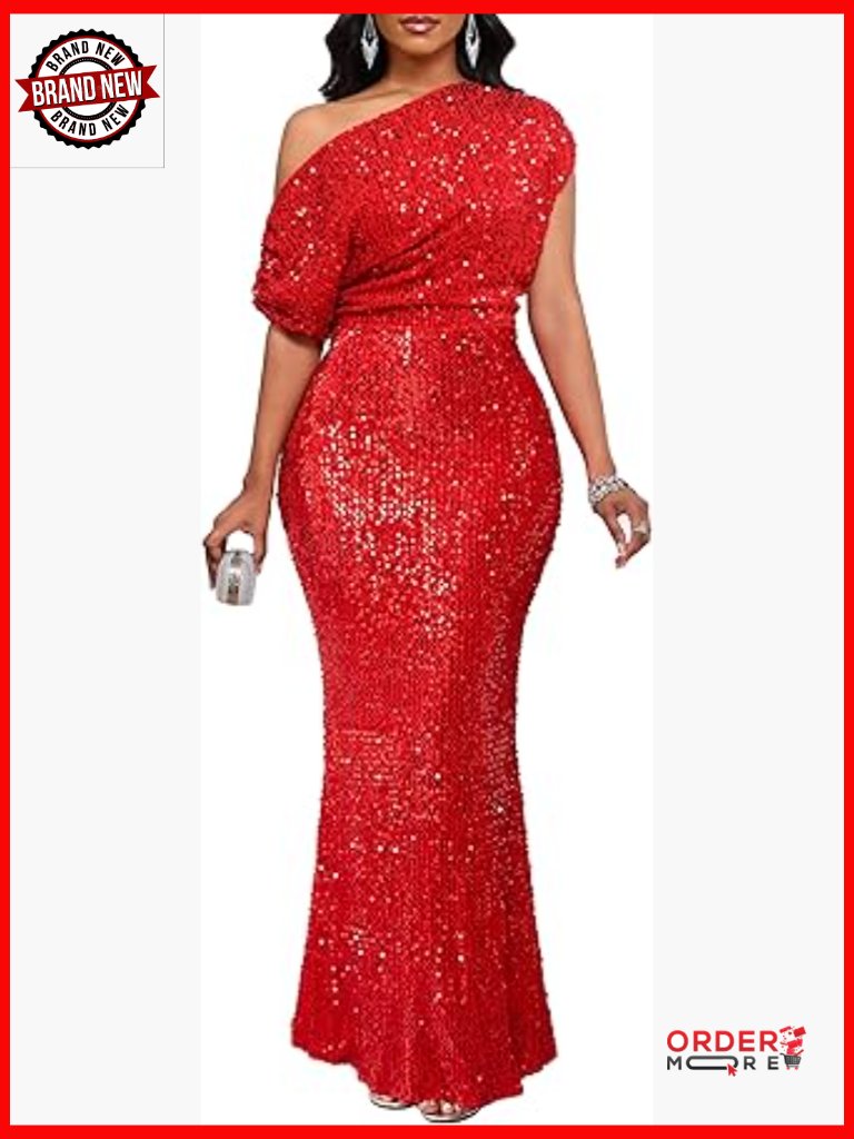 One Shoulder Sequin Mermaid Maxi Dress Bodycon Party Gown Long Sleeve
